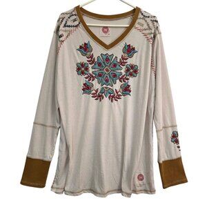 Double D Ranch Embroidered Longsleeve Brown Ribbed Trim Blouse Top Shirt Plus 1X